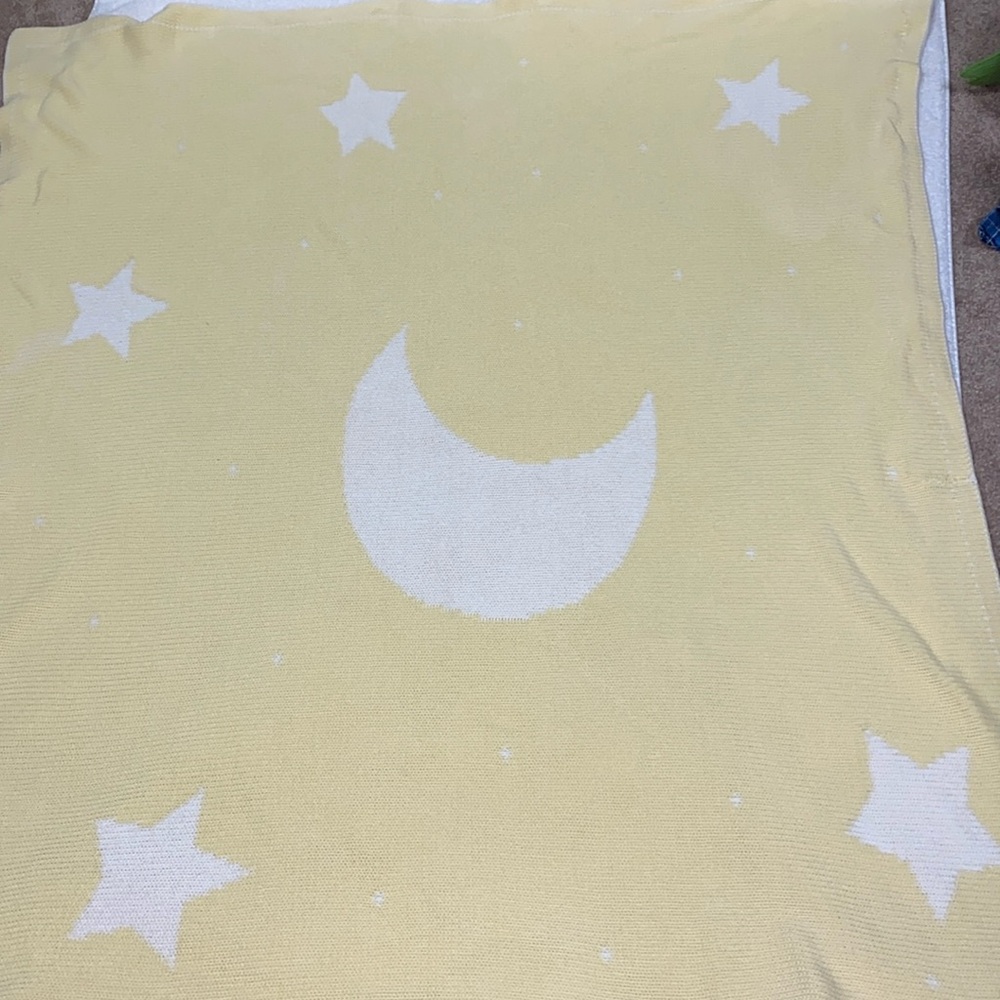 Vintage 90’s Gymboree knit baby blanket stars moon yellow white Reversible rare